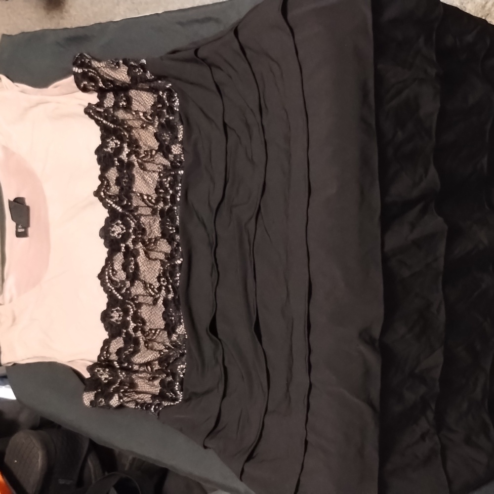 Tan and black floral lace pleated dress